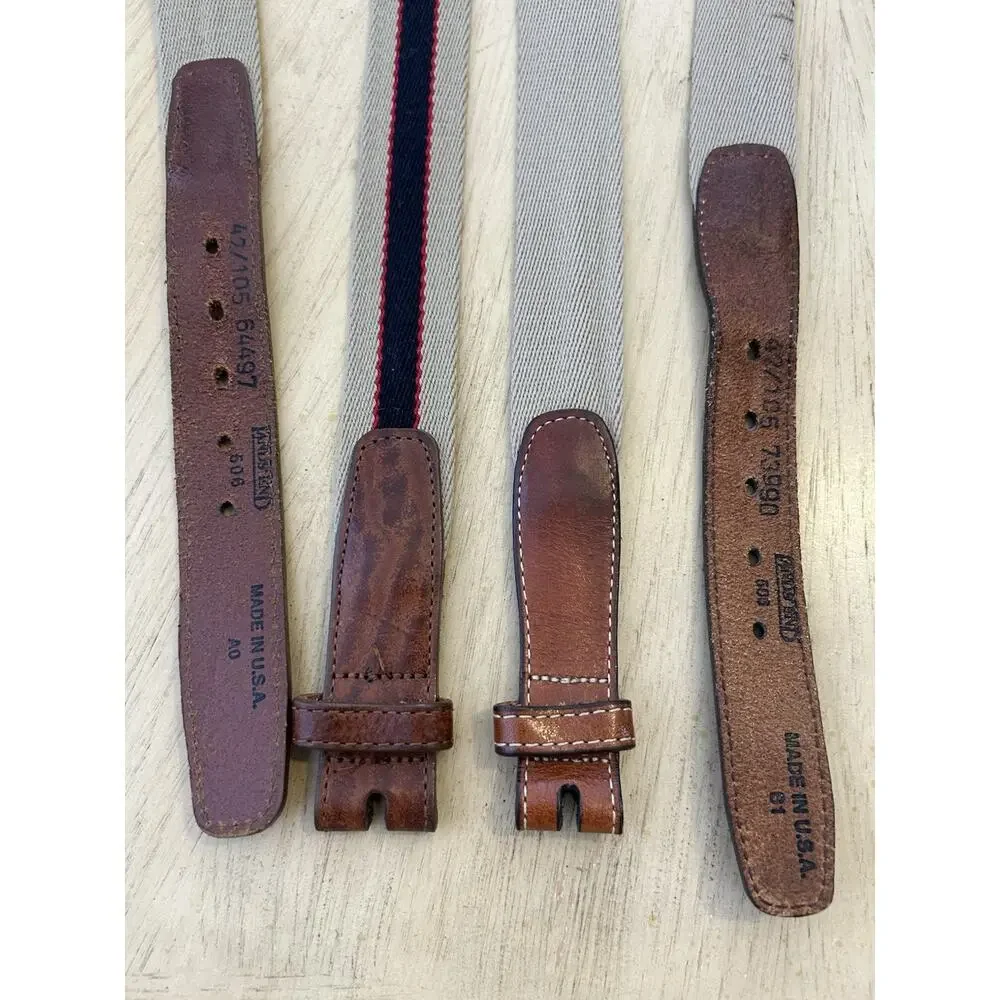 VTG Lands End Belt 42 Preppy Canvas Stripe Blue Leather Tan Y2K USA 506 Lot 2